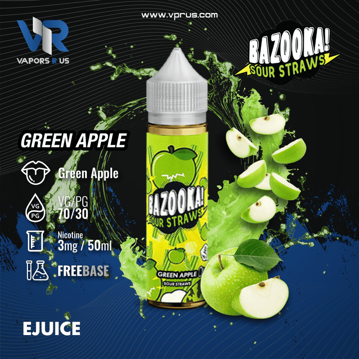 BAZOOKA - SOUR STRAWS - Green Apple 3mg 60ml | Vapors R Us LLC