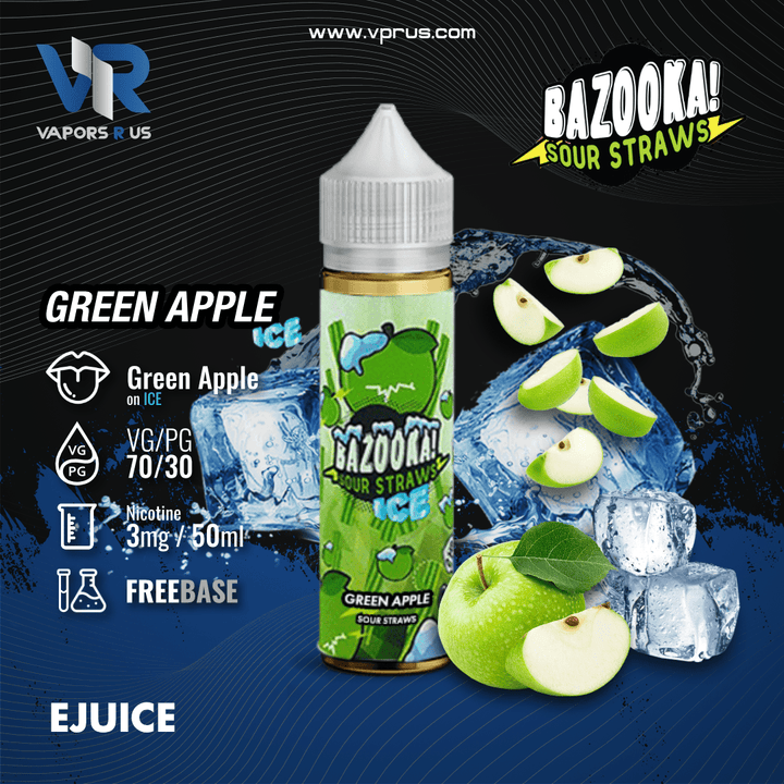 BAZOOKA - SOUR STRAWS - Green Apple on Ice 3mg 60ml | Vapors R Us LLC